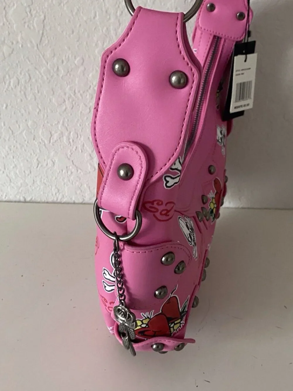 Ed Hardy Pink Hobo‎ Shoulder Bag Studded Heart Rose Skull Cross Charms NEW